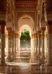 A long hallway with marble columns and intricate carvings