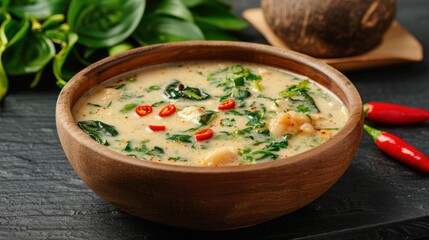 Delicious vegetable soup in a wooden bowl