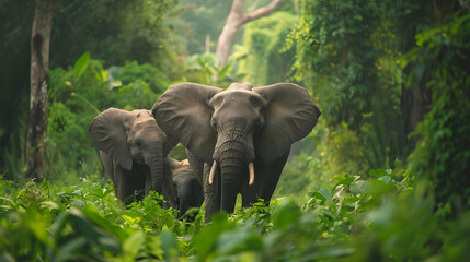 Obraz premium Three African Elephants in Lush Green Forest - Photo