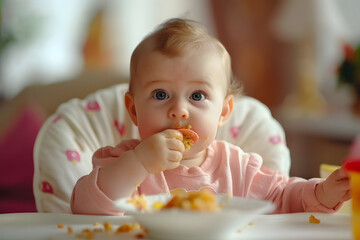 Cute little baby eating food at home.
