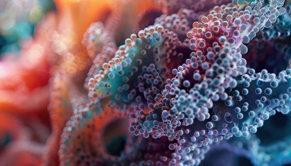 Close-up image of colorful underwater coral reef texture with intricate detail and vibrant hues, showcasing nature's beauty and complexity.