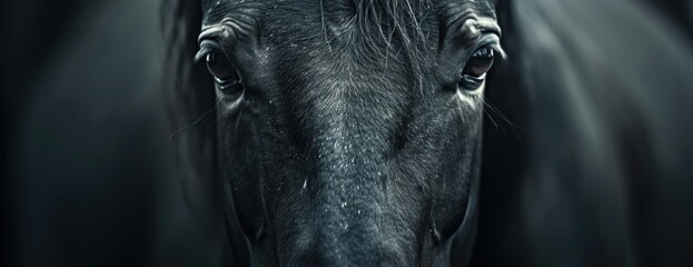 Close-up of a black horse's face, highlighting its intense gaze and detailed features. Perfect for animal, equine, and nature themes.