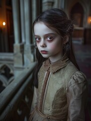 Pensive young girl in vintage dress