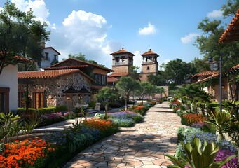Picturesque Stone Village with Lush Gardens