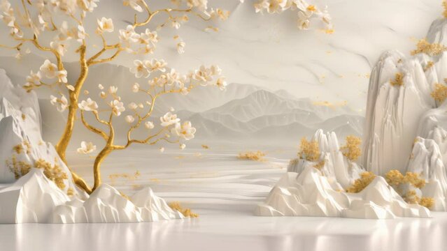 3D wallpaper with a white tree and golden leaves, a marble background with a landscape.