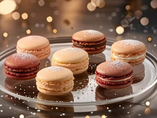 Fototapeta premium Assorted macarons on a plate with holiday lights