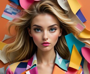 Fototapeta premium A beautiful woman with blonde hair lies amidst a colorful array of paper. Her striking blue eyes and vibrant surroundings create a visually captivating scene, ideal for creative and artistic projects