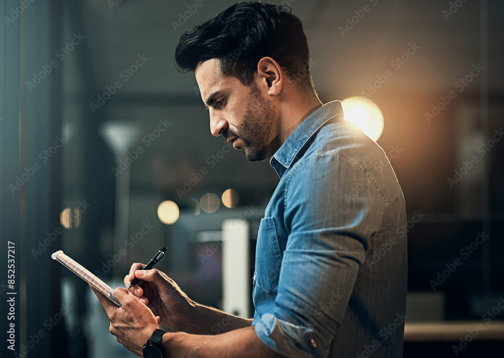 Poster business, night and man with notebook, writing and thinking with planning for project, feedback and 