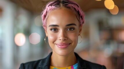 Smiling woman with pink braided hair