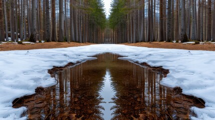 Serene winter forest landscape with snow-covered path and reflection in puddle