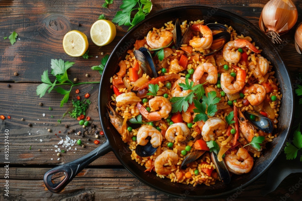 Wall mural seafood paella in a cast iron skillet - Wall murals