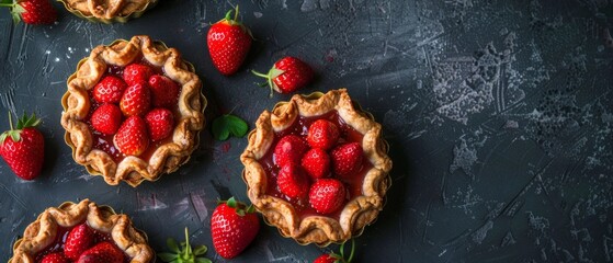 Fresh homemade strawberries tarts with copy space. Rhubarb pie day. Delicious food