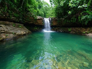 Fototapeta premium Serene tropical waterfall in lush green forest