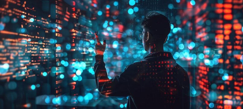 Experience a futuristic virtual coding session where holographic code floats in the air Advanced technology blends with creativity in this digital workspace