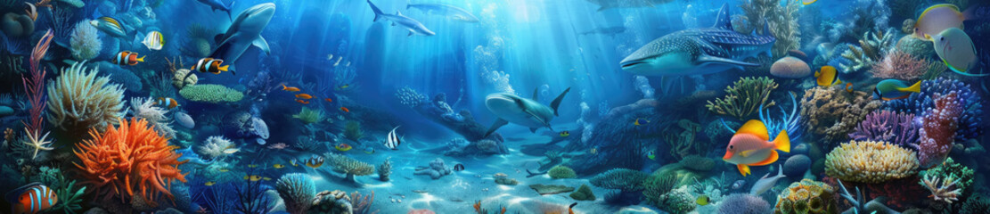 Fototapeta premium An underwater scene featuring a diverse array of marine life, including sharks, colorful fish, and coral reefs