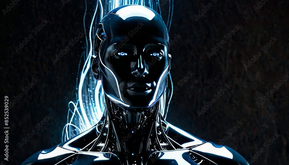 Poster sleek chrome robot with neon light accents creating a futuristic and high-tech atmosphere. the robot