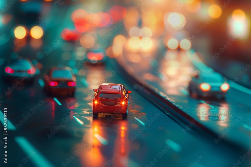 Wall mural autonomous vehicles and electric car charging infrastructure in blurred bokeh automotive design