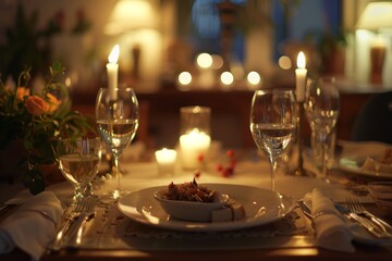 Elegant Dinner Setting with Dukan Diet Meal and Romantic Candlelight Ambiance