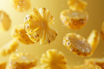 Fresh Pineapple Slices in Midair with Water Droplets