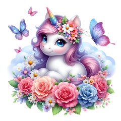 Cute unicorn with flowers and butterflies isolated on a white background  illustration, 3D. Generative AI.