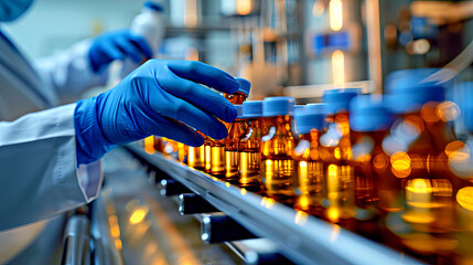 Gloved hands handling medicine bottles in a pharmaceutical factory, ensuring precision and safety.