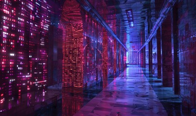 Fototapeta premium Conceptual 3D holographic code in a futuristic tech environment Abstract digital data visualization and programming technology concept