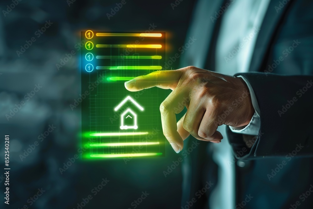 Poster businessman engages with energy efficiency rating icon on virtual screen for building audit