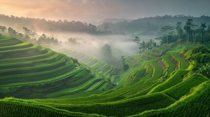 Breathtaking view of lush green rice terraces in the mist
