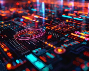 Obraz premium Futuristic holographic code and digital design interface concept Abstract technology background with glowing lines and particles 3D rendering illustration