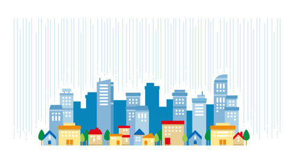 雨が降る都会の街並みのシンプルでかわいいイラスト	
