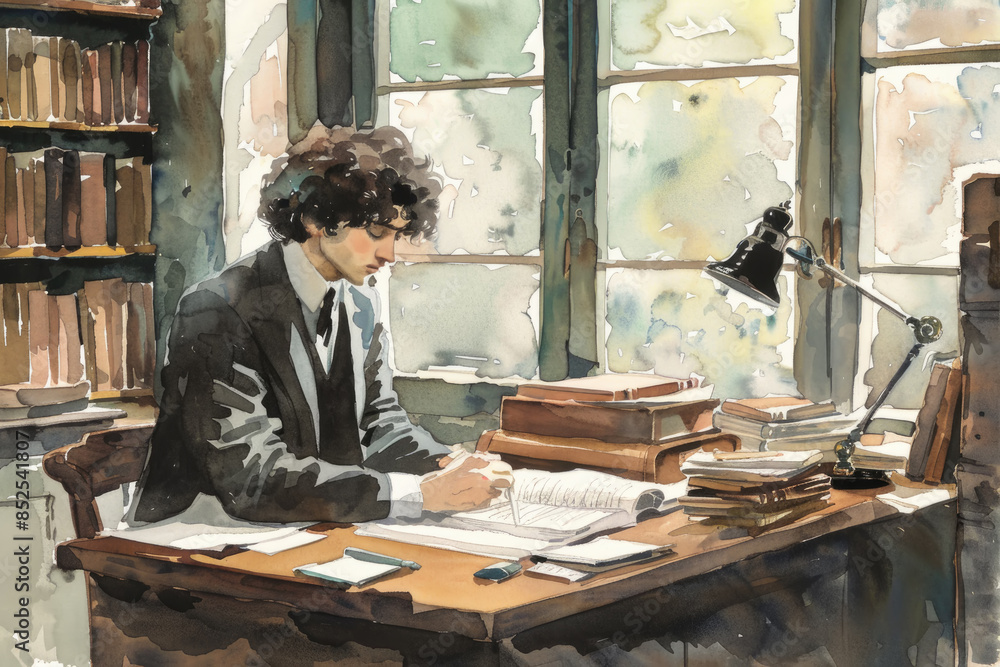 Poster a man sits at a desk in a room with a large window and bookshelves, writing in a notebook