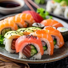 A plate of assorted sushi rolls with fresh salmon, tuna, avocado, and cucumber. Garnished with pickled ginger, wasabi, and soy sauce. 