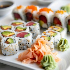 A plate of assorted sushi rolls with fresh salmon, tuna, avocado, and cucumber. Garnished with pickled ginger, wasabi, and soy sauce. 
