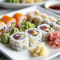 A plate of assorted sushi rolls with fresh salmon, tuna, avocado, and cucumber. Garnished with pickled ginger, wasabi, and soy sauce. 