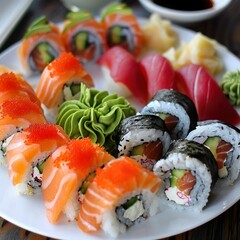 A plate of assorted sushi rolls with fresh salmon, tuna, avocado, and cucumber. Garnished with pickled ginger, wasabi, and soy sauce. 