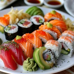 A plate of assorted sushi rolls with fresh salmon, tuna, avocado, and cucumber. Garnished with pickled ginger, wasabi, and soy sauce. 