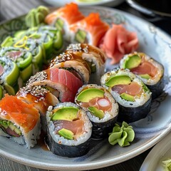 A plate of assorted sushi rolls with fresh salmon, tuna, avocado, and cucumber. Garnished with pickled ginger, wasabi, and soy sauce. 
