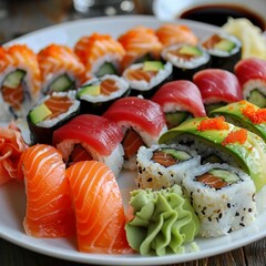 A plate of assorted sushi rolls with fresh salmon, tuna, avocado, and cucumber. Garnished with pickled ginger, wasabi, and soy sauce. 