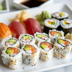 A plate of assorted sushi rolls with fresh salmon, tuna, avocado, and cucumber. Garnished with pickled ginger, wasabi, and soy sauce. 
