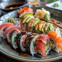 A plate of assorted sushi rolls with fresh salmon, tuna, avocado, and cucumber. Garnished with pickled ginger, wasabi, and soy sauce. 