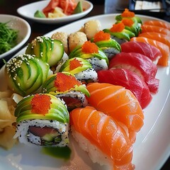 A plate of assorted sushi rolls with fresh salmon, tuna, avocado, and cucumber. Garnished with pickled ginger, wasabi, and soy sauce. 