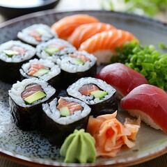 A plate of assorted sushi rolls with fresh salmon, tuna, avocado, and cucumber. Garnished with pickled ginger, wasabi, and soy sauce. 