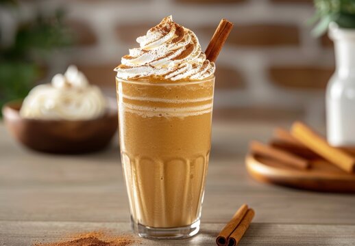 Delicious pumpkin spice latte with whipped cream and cinnamon stick