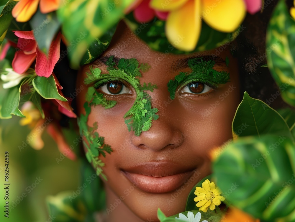 Canvas Prints portrait of a young woman with flowers and leaves on her face