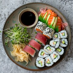 A plate of assorted sushi rolls with fresh salmon, tuna, avocado, and cucumber. Garnished with pickled ginger, wasabi, and soy sauce. 