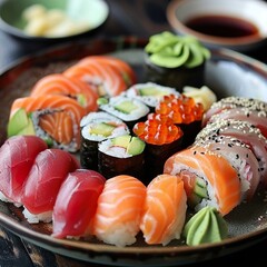 A plate of assorted sushi rolls with fresh salmon, tuna, avocado, and cucumber. Garnished with pickled ginger, wasabi, and soy sauce. 