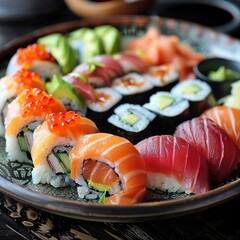 A plate of assorted sushi rolls with fresh salmon, tuna, avocado, and cucumber. Garnished with pickled ginger, wasabi, and soy sauce. 