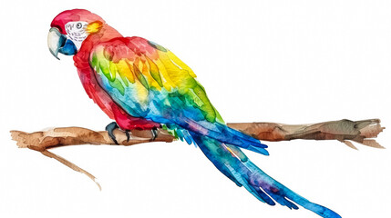 Fototapeta premium A vibrant parrot in bright primary colors perched on a branch, simple watercolor illustration isolated on a white background 
