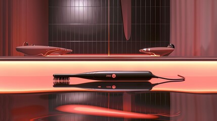 A modern curling wand with a digital display, floating above a mirrored surface