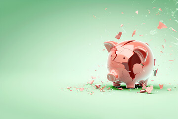 Shattered Piggy Bank on Green Background
